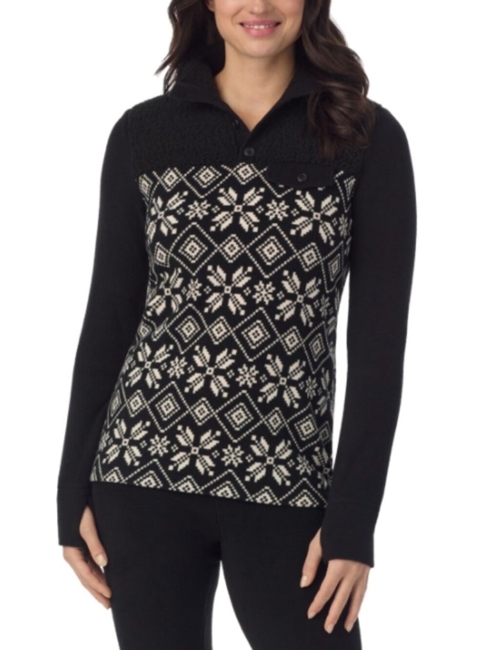 Cuddl Duds Fleecewear Long-Sleeve Collared Top - Black Print